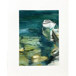 8x10 Original Oil Painting Nautical Harbor Rowboat Clear Water Rocks Art Signed